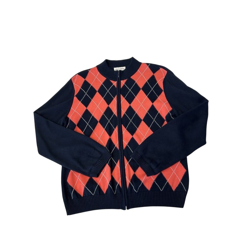 Sport Haley Women's Argyle Full Zip Sweater Sz‎ L Blue Preppy Pima Cotton